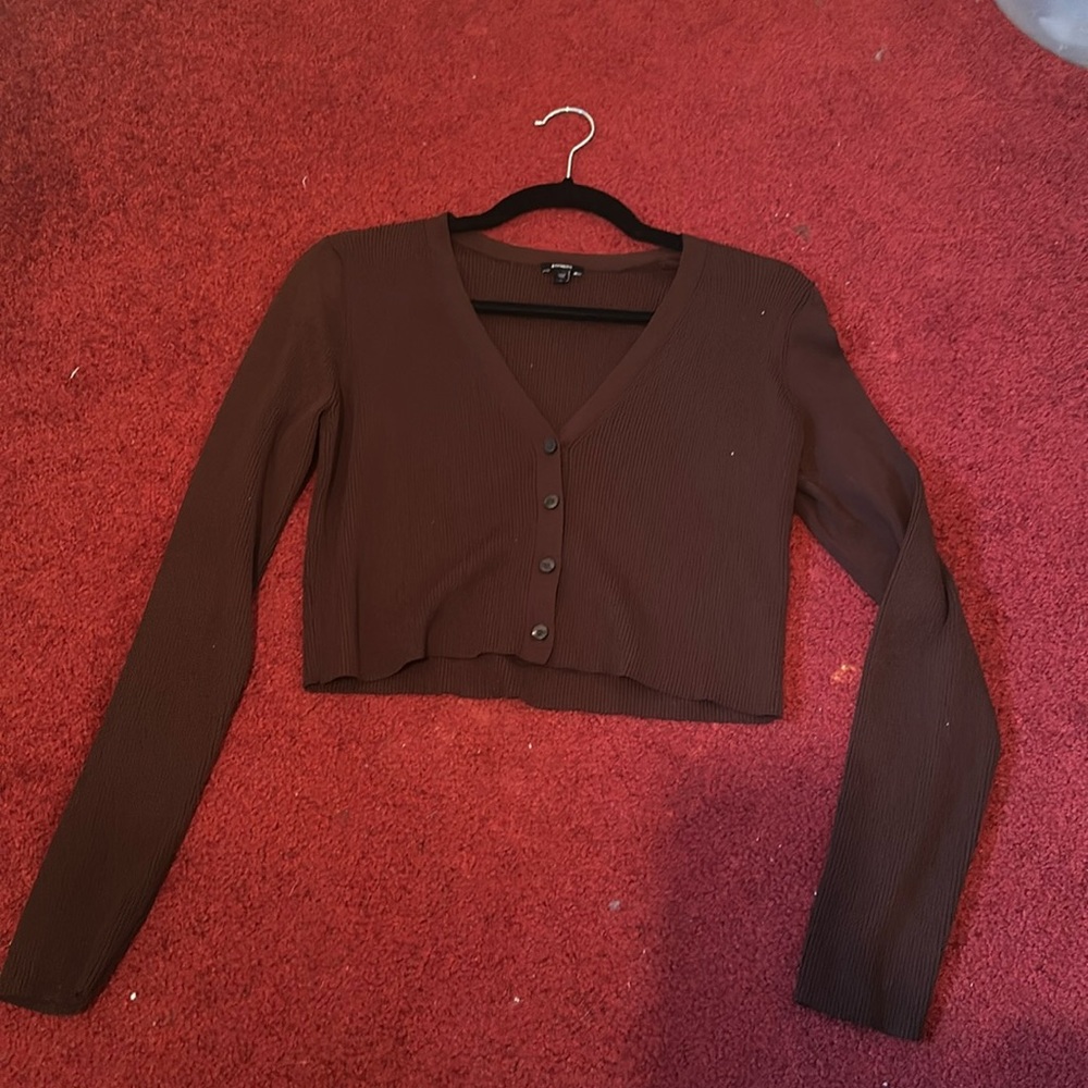 Chocolate Brown Ribbed Cropped Cardigan